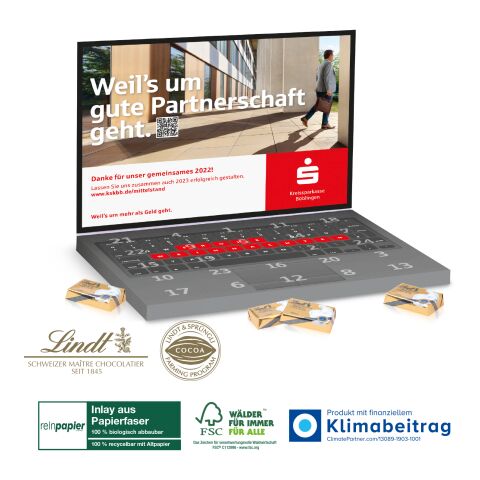 Adventskalender Laptop Organic Lindt Schokotäfelchen, Klimaneutral, FSC® bunt | 4C Digital-/Offsetdruck
