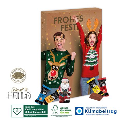Adventskalender Lindt „HELLO“ Mini Stick Mix mit Santa, Inlay aus 100% recyceltem Material bunt | 4C Digital-/Offsetdruck